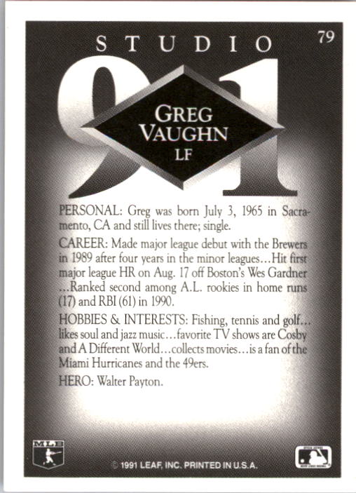 1991 Studio #79 Greg Vaughn back image