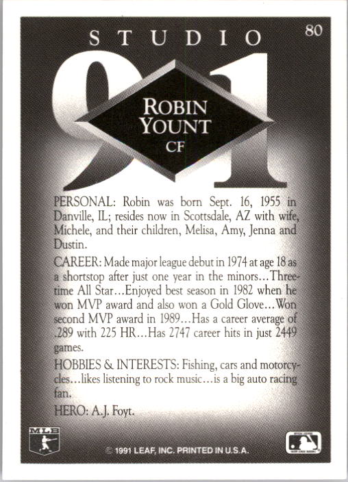 1991 Studio #80 Robin Yount back image