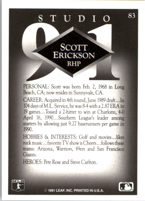1991 Studio #83 Scott Erickson back image