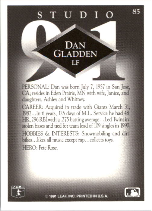 1991 Studio #85 Dan Gladden back image