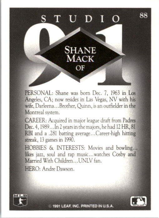 1991 Studio #88 Shane Mack back image
