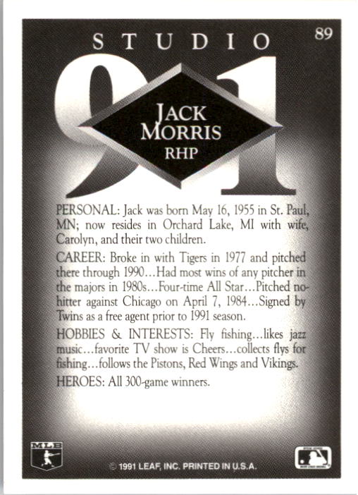 1991 Studio #89 Jack Morris back image