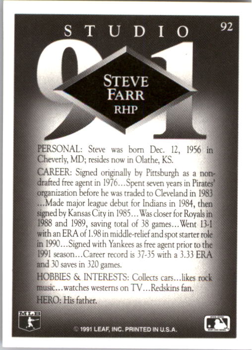 1991 Studio #92 Steve Farr back image