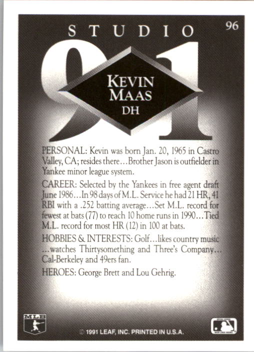 1991 Studio #96 Kevin Maas back image
