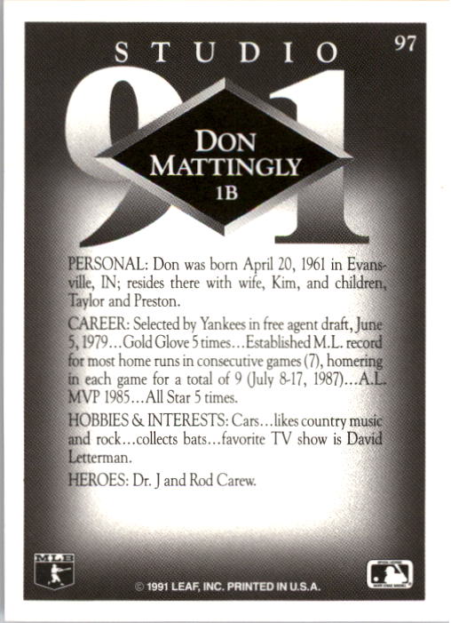 1991 Studio #97 Don Mattingly back image