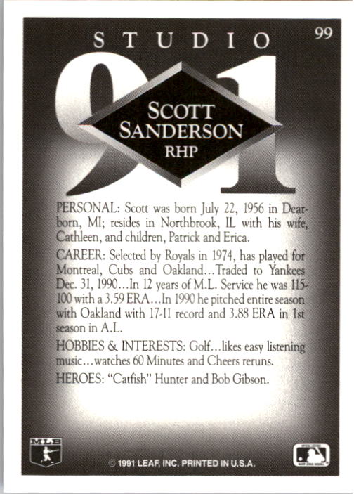 1991 Studio #99 Scott Sanderson back image