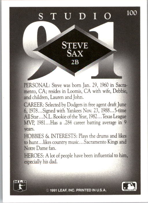 1991 Studio #100 Steve Sax back image