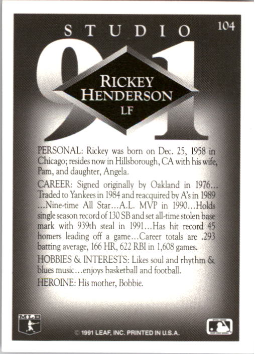 1991 Studio #104 Rickey Henderson back image