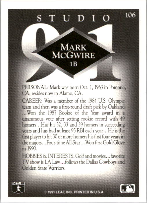 1991 Studio #106 Mark McGwire back image