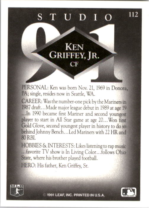 1991 Studio #112 Ken Griffey Jr. back image