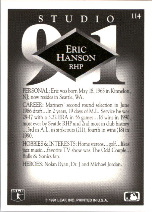 1991 Studio #114 Erik Hanson UER/Misspelled Eric back image