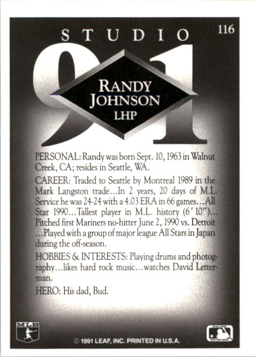 1991 Studio #116 Randy Johnson back image