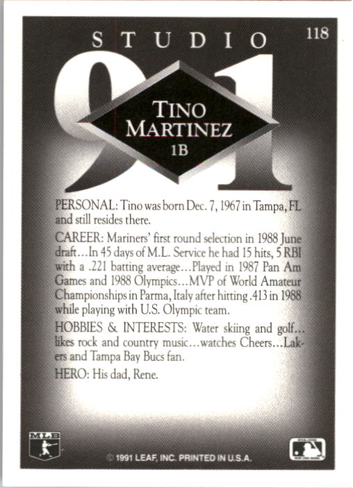 1991 Studio #118 Tino Martinez back image