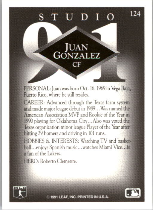 1991 Studio #124 Juan Gonzalez back image