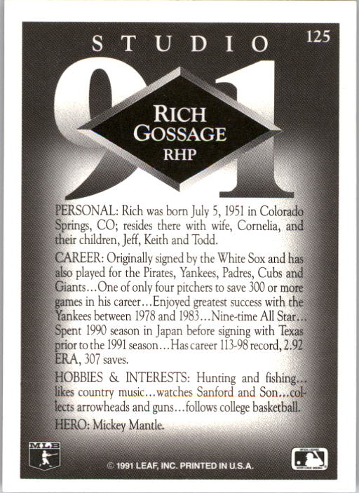 1991 Studio #125 Rich Gossage back image