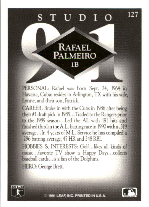 1991 Studio #127 Rafael Palmeiro back image