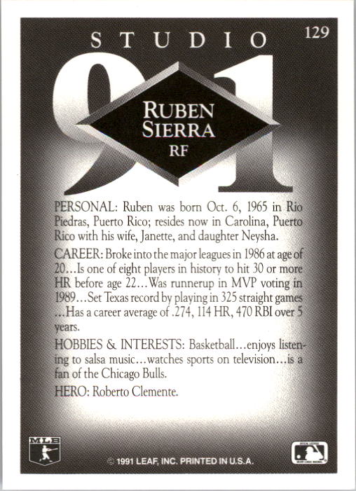 1991 Studio #129 Ruben Sierra back image