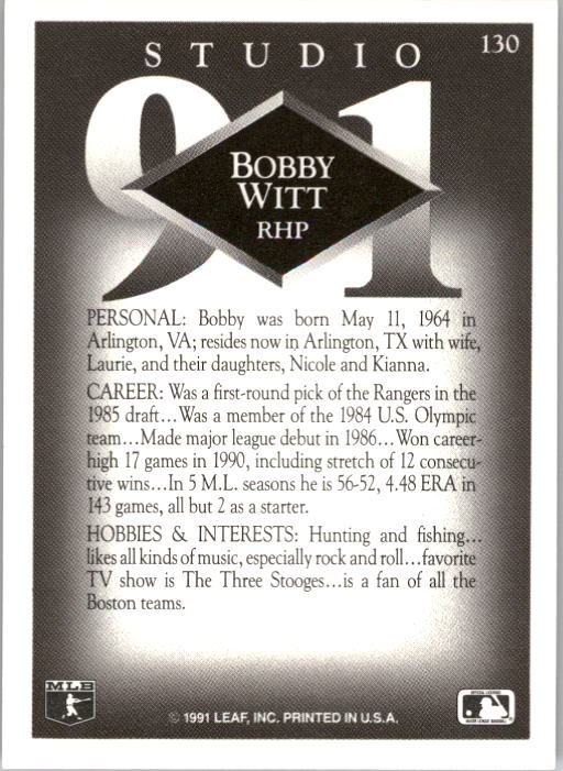 1991 Studio #130 Bobby Witt back image