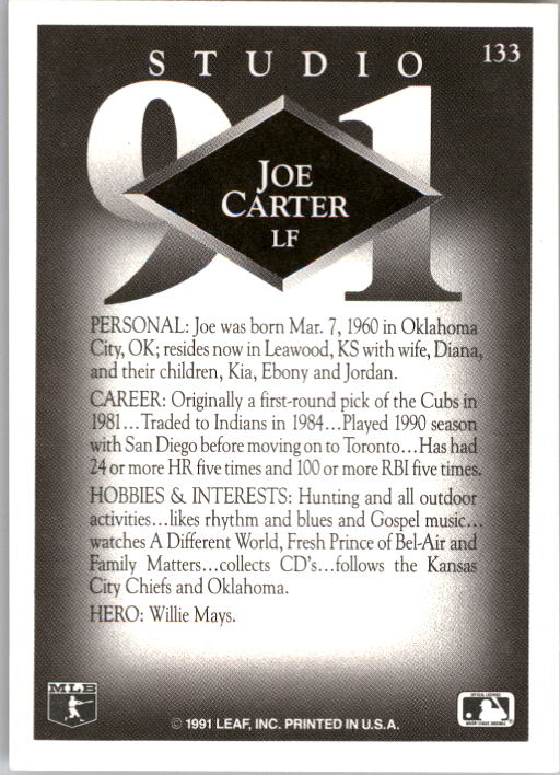 1991 Studio #133 Joe Carter back image