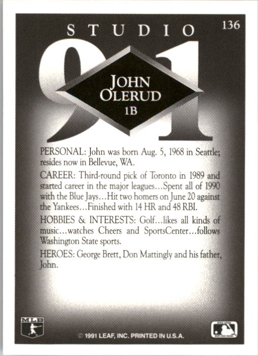 1991 Studio #136 John Olerud back image