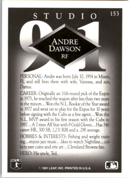 1991 Studio #153 Andre Dawson back image