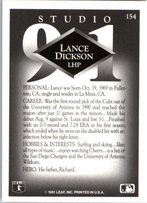1991 Studio #154 Lance Dickson RC back image