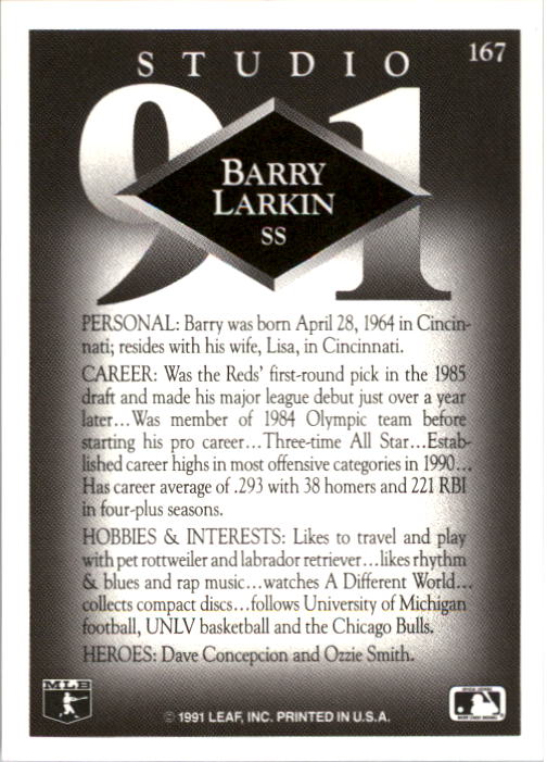 1991 Studio #167 Barry Larkin back image