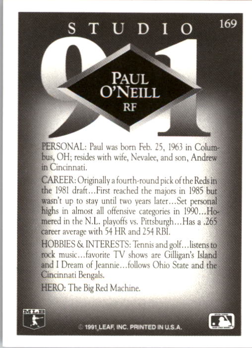 1991 Studio #169 Paul O'Neill back image