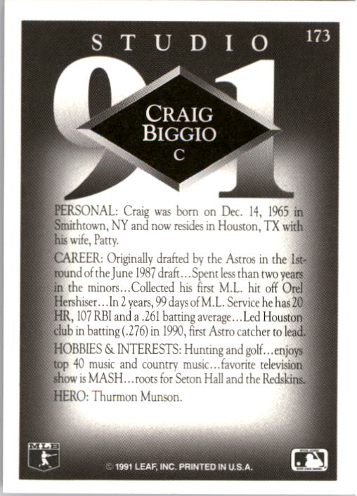1991 Studio #173 Craig Biggio back image