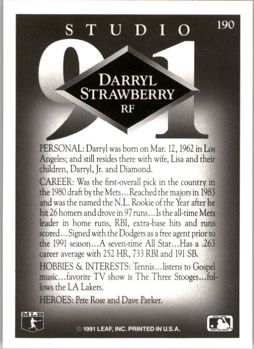 1991 Studio #190 Darryl Strawberry back image