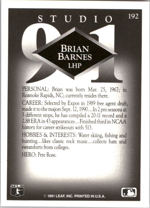 1991 Studio #192 Brian Barnes RC back image