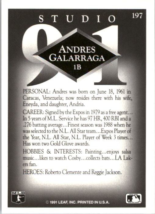 1991 Studio #197 Andres Galarraga back image