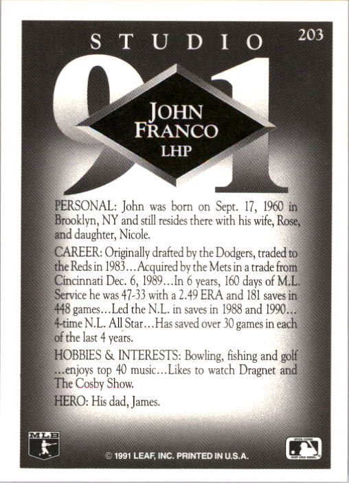 1991 Studio #203 John Franco back image
