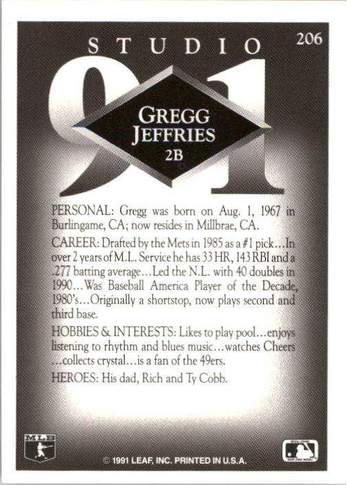 1991 Studio #206 Gregg Jefferies back image