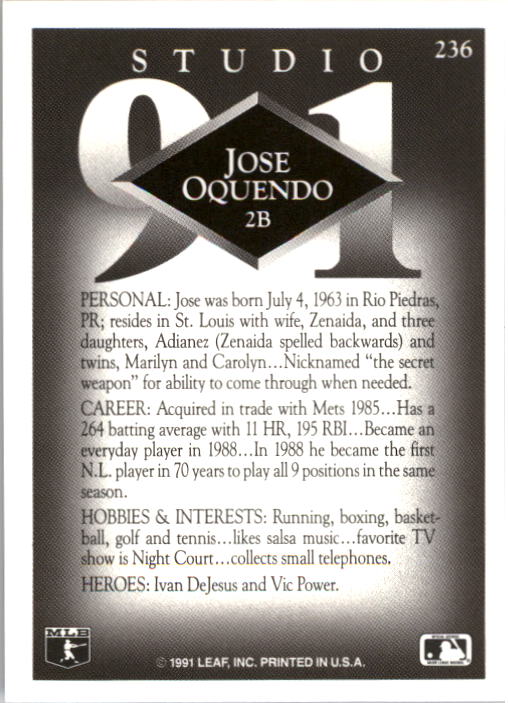 1991 Studio #236 Jose Oquendo back image
