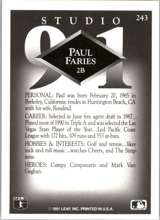 1991 Studio #243 Paul Faries RC back image