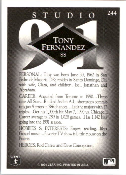 1991 Studio #244 Tony Fernandez back image