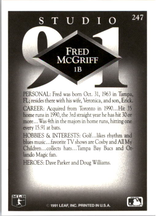 1991 Studio #247 Fred McGriff back image