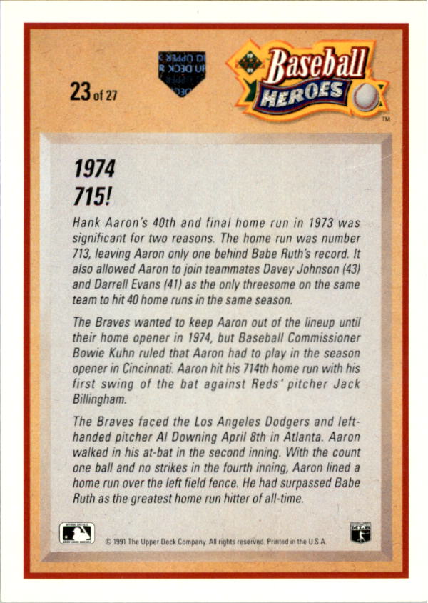 1991 Upper Deck Aaron Heroes #23 Hank Aaron back image