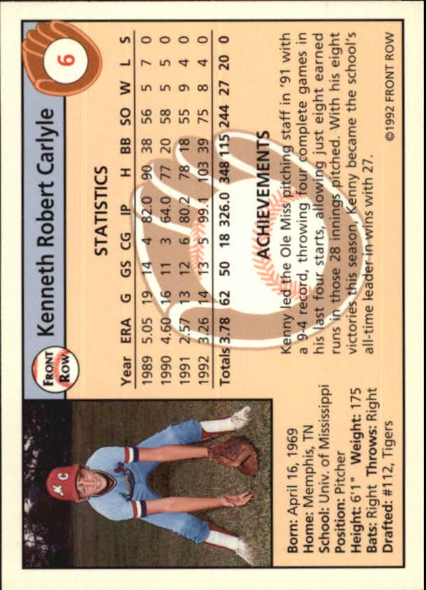 1992 Front Row Draft Picks #6 Ken Carlyle back image