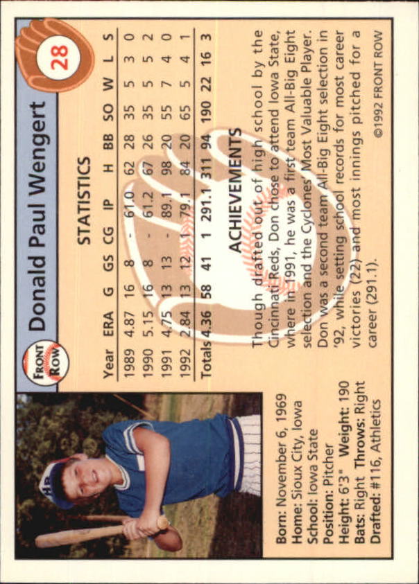 1992 Front Row Draft Picks #28 Don Wengert back image
