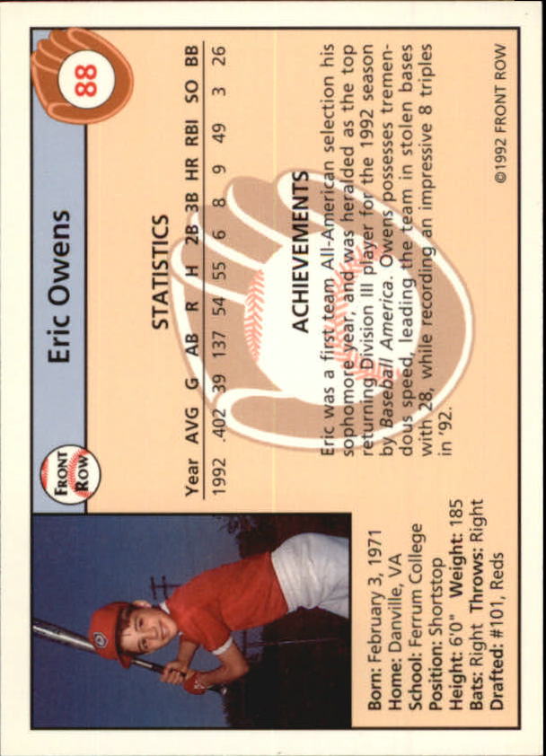 1992 Front Row Draft Picks #88 Eric Owens back image