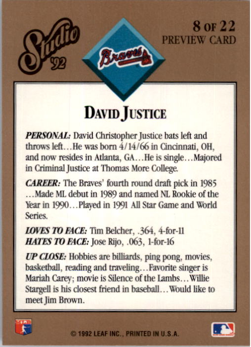 1992 Studio Previews #8 David Justice back image