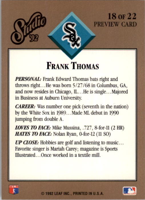 1992 Studio Previews #18 Frank Thomas back image