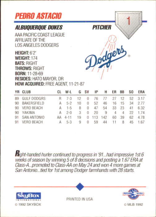 1992 SkyBox AAA #1 Pedro Astacio back image