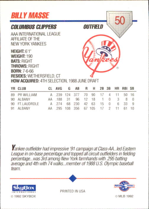 1992 SkyBox AAA #50 Billy Masse back image