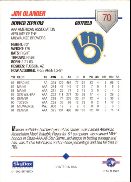 B0451- 1992 SkyBox AAA Baseball Card #'s 1-200 -You Pick- 15+ FREE US SHIP - Picture 135 of 389