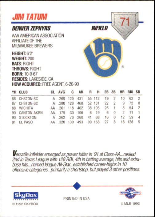 B0451- 1992 SkyBox AAA Baseball Card #'s 1-200 -You Pick- 15+ FREE US SHIP - Picture 137 of 389