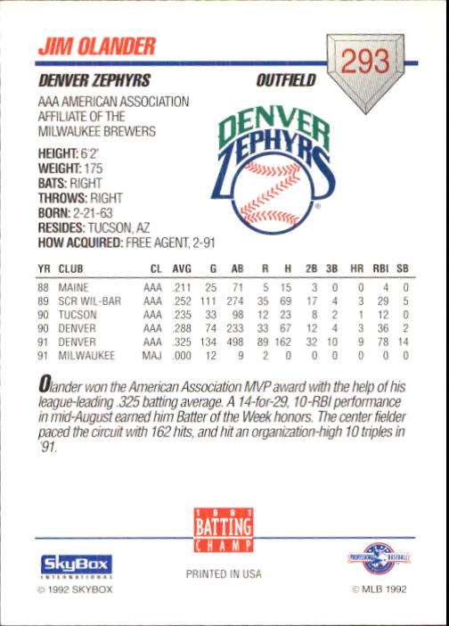 B0451- 1992 SkyBox AAA Baseball Card #s 201-310 -You Pick- 15+ FREE US SHIP - Picture 185 of 219