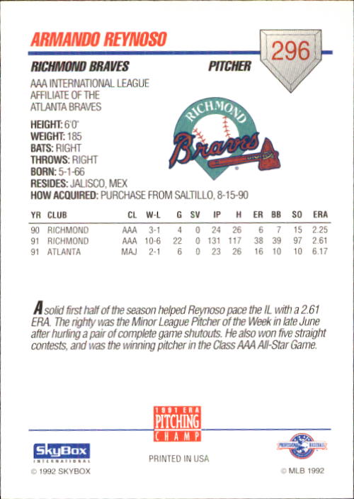B0451- 1992 SkyBox AAA Baseball Card #s 201-310 -You Pick- 15+ FREE US SHIP - Picture 191 of 219